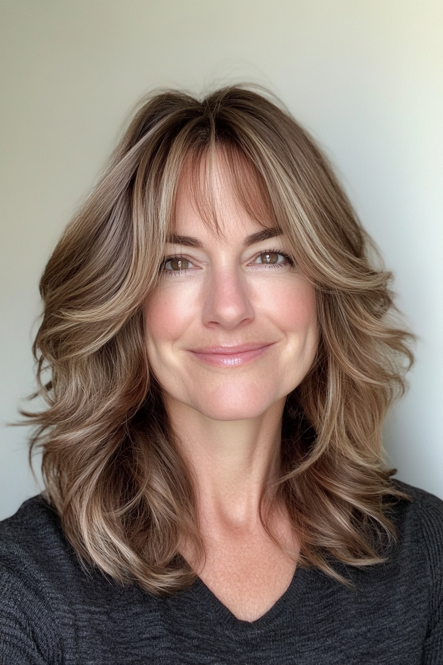 14. Ashy Brown Curved Midi with Bangs (Mid Length Haircuts For Women Over 40) - Mid Length Haircuts For Women Over 40