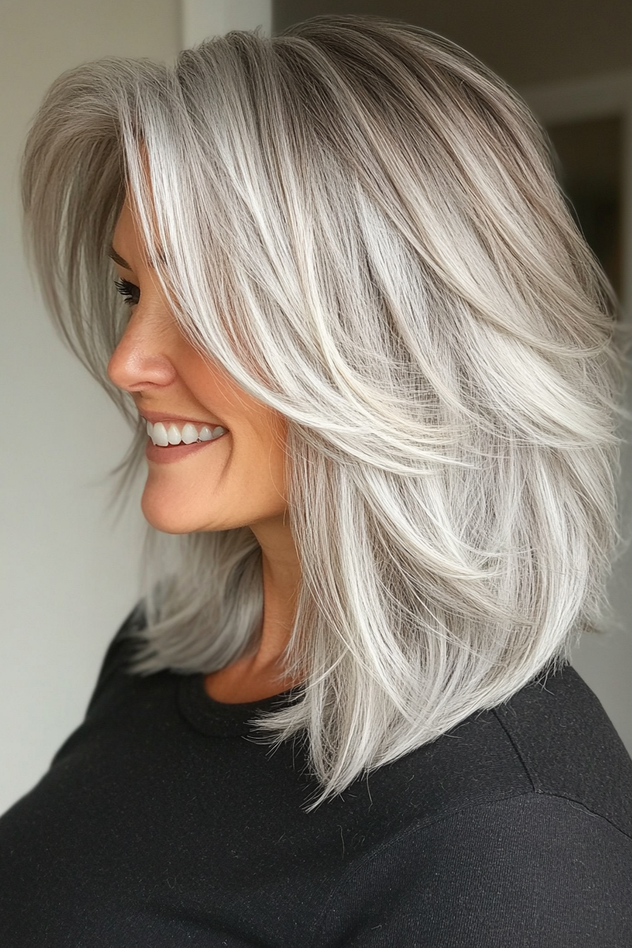 19. Silver Gray Midi with Volume (Mid Length Haircuts For Women Over 40) - Mid Length Haircuts For Women Over 40