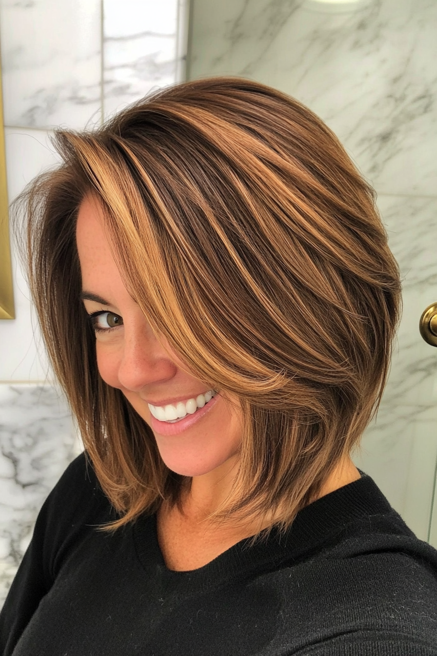 20. Bronze Brown Layered Lob (Mid Length Haircuts For Women Over 40) - Mid Length Haircuts For Women Over 40