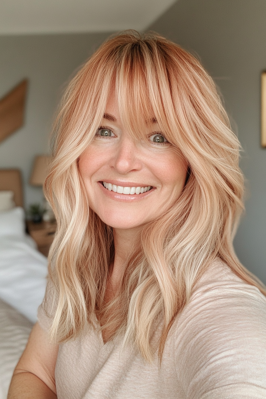 21. Strawberry Blonde Midi with Fringe (Mid Length Haircuts For Women Over 40) - Mid Length Haircuts For Women Over 40