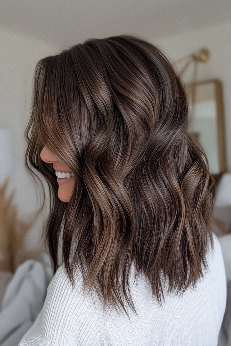 22. Rich Brunette Midi with Textured Ends (Mid Length Haircuts For Women Over 40) - Mid Length Haircuts For Women Over 40