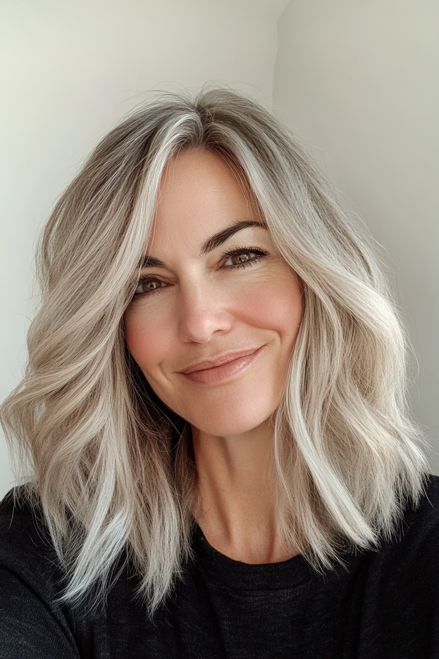 23. Ash Blonde Midi with Shadow Root (Mid Length Haircuts For Women Over 40) - Mid Length Haircuts For Women Over 40