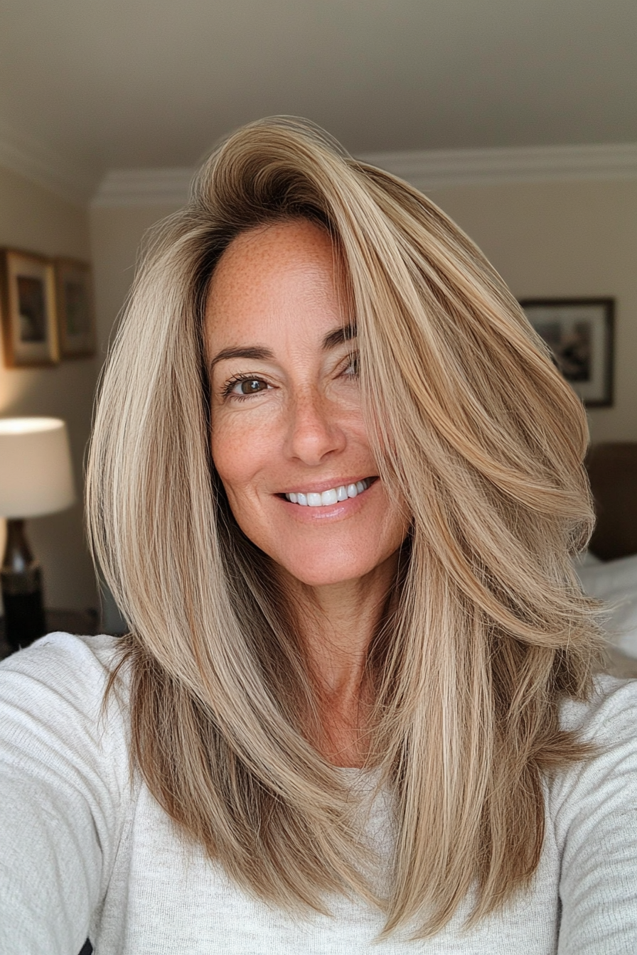 25. Beige Blonde Midi with Light Layers (Mid Length Haircuts For Women Over 40) - Mid Length Haircuts For Women Over 40