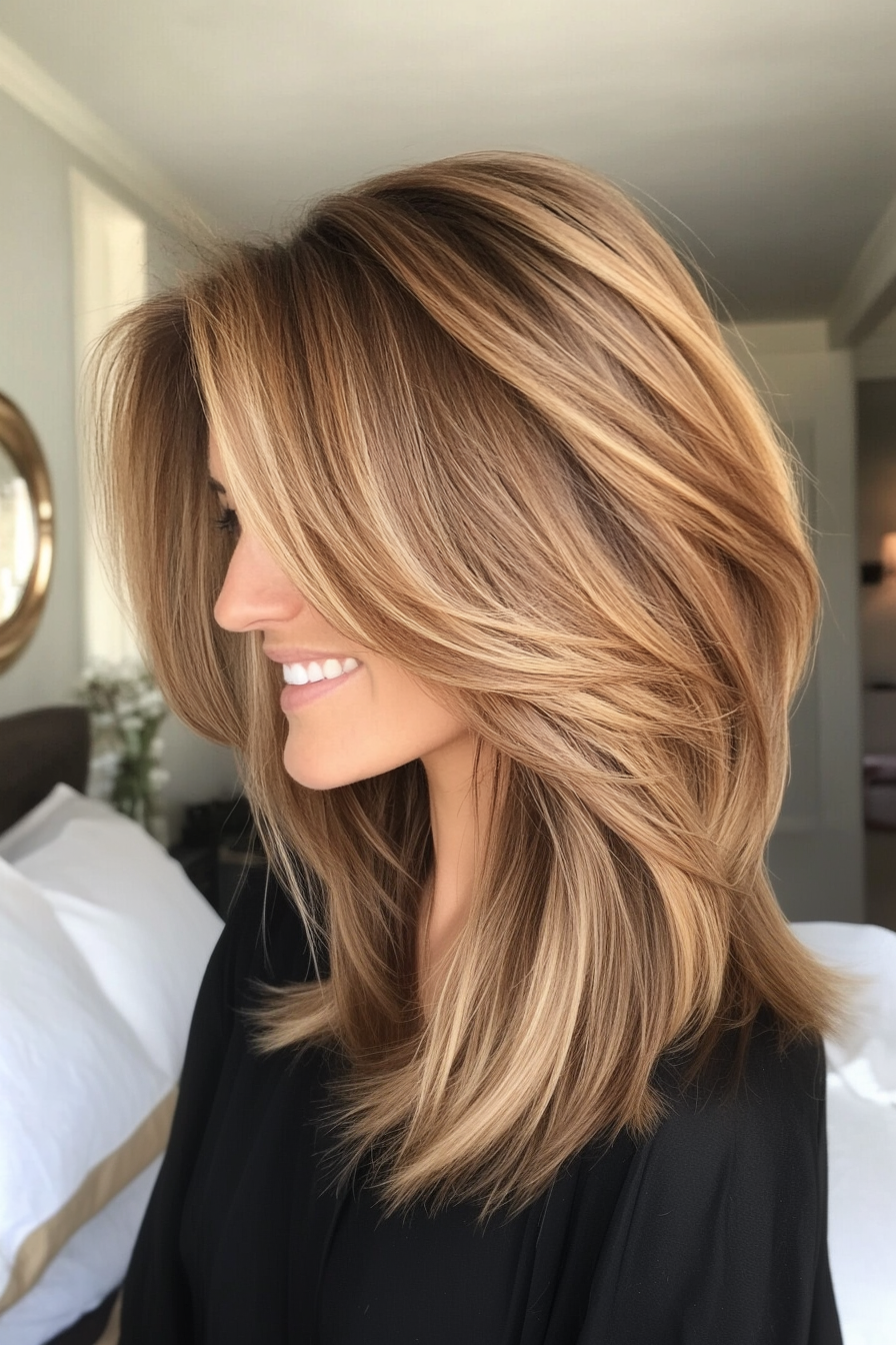 26. Soft Caramel Lob with Side Part (Mid Length Haircuts For Women Over 40) - Mid Length Haircuts For Women Over 40