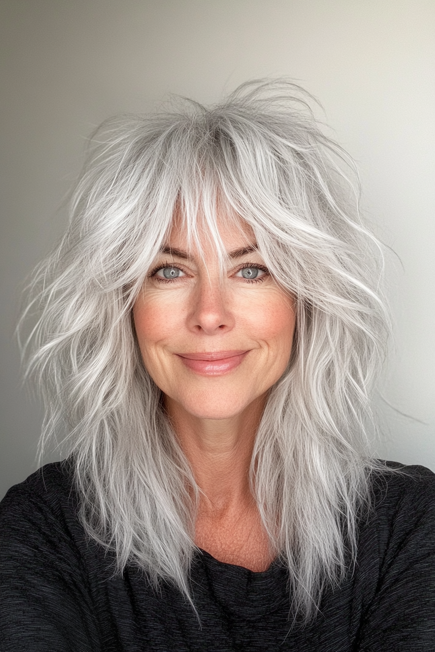 1. Textured Silver Shag with Feathered Layers (Shag Hairstyles For Older Women) - Shag Hairstyles For Older Women