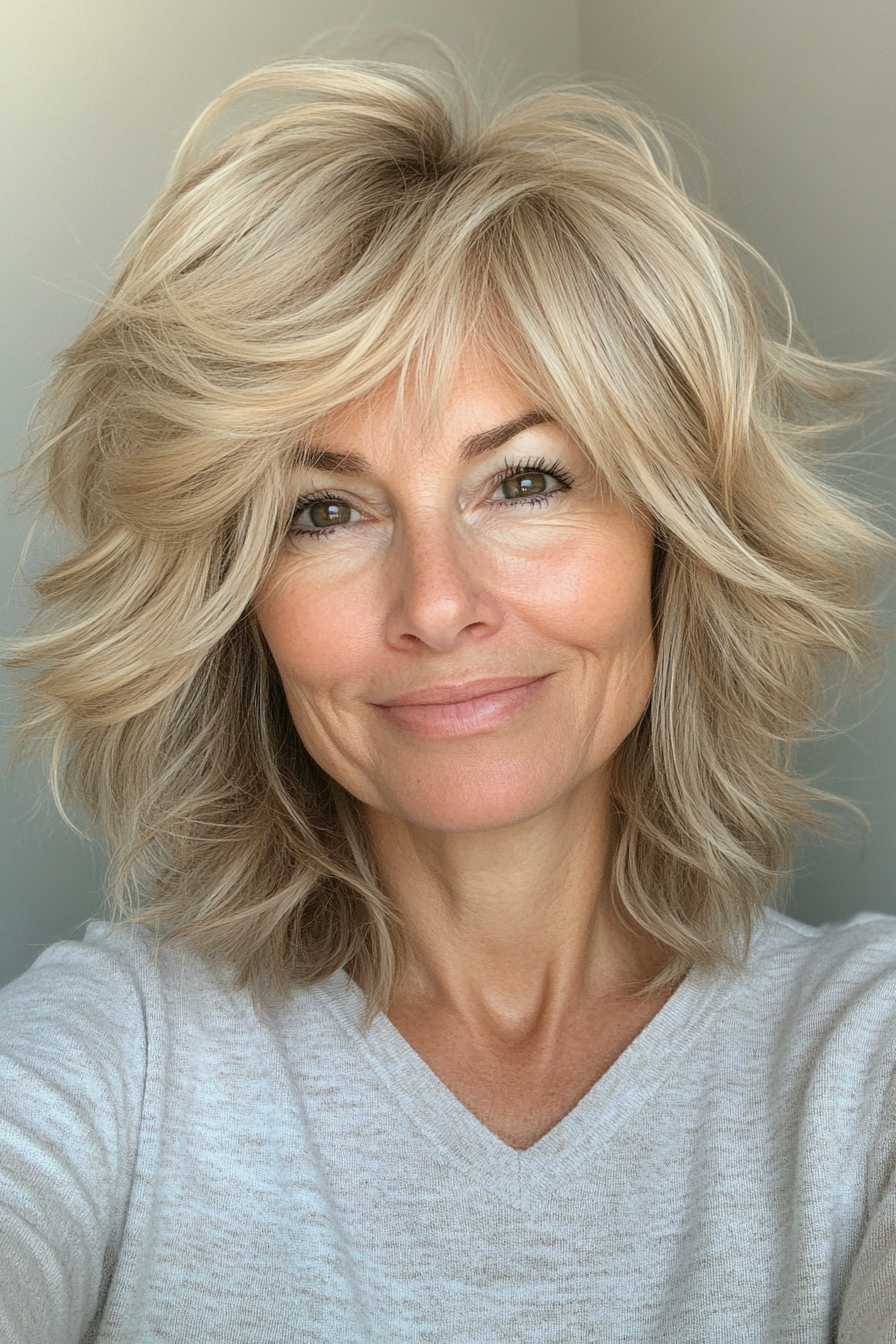 3. Sandy Blonde Shag with Choppy Ends (Shag Hairstyles For Older Women) - Shag Hairstyles For Older Women