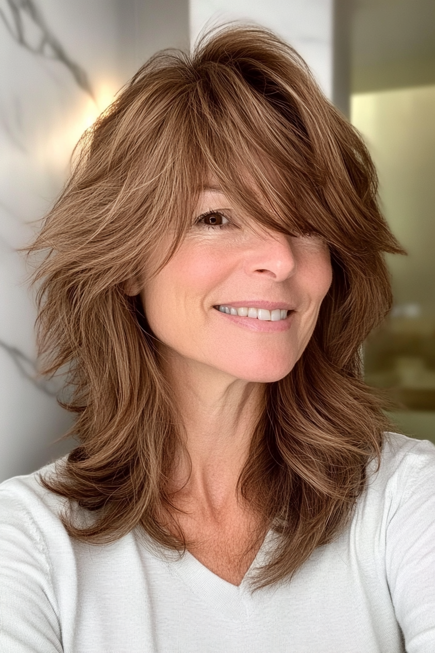 5. Chestnut Shag with Side-Swept Bangs (Shag Hairstyles For Older Women) - Shag Hairstyles For Older Women