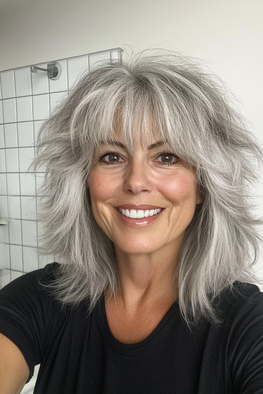 9. Natural Gray Shag with Layered Fringe (Shag Hairstyles For Older Women) - Shag Hairstyles For Older Women