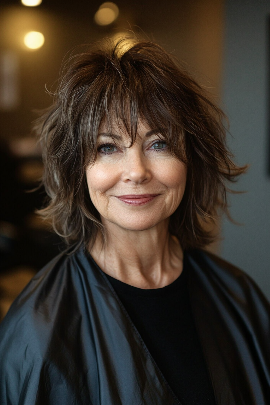 11. Chocolate Brown Shag with Subtle Bangs (Shag Hairstyles For Older Women) - Shag Hairstyles For Older Women
