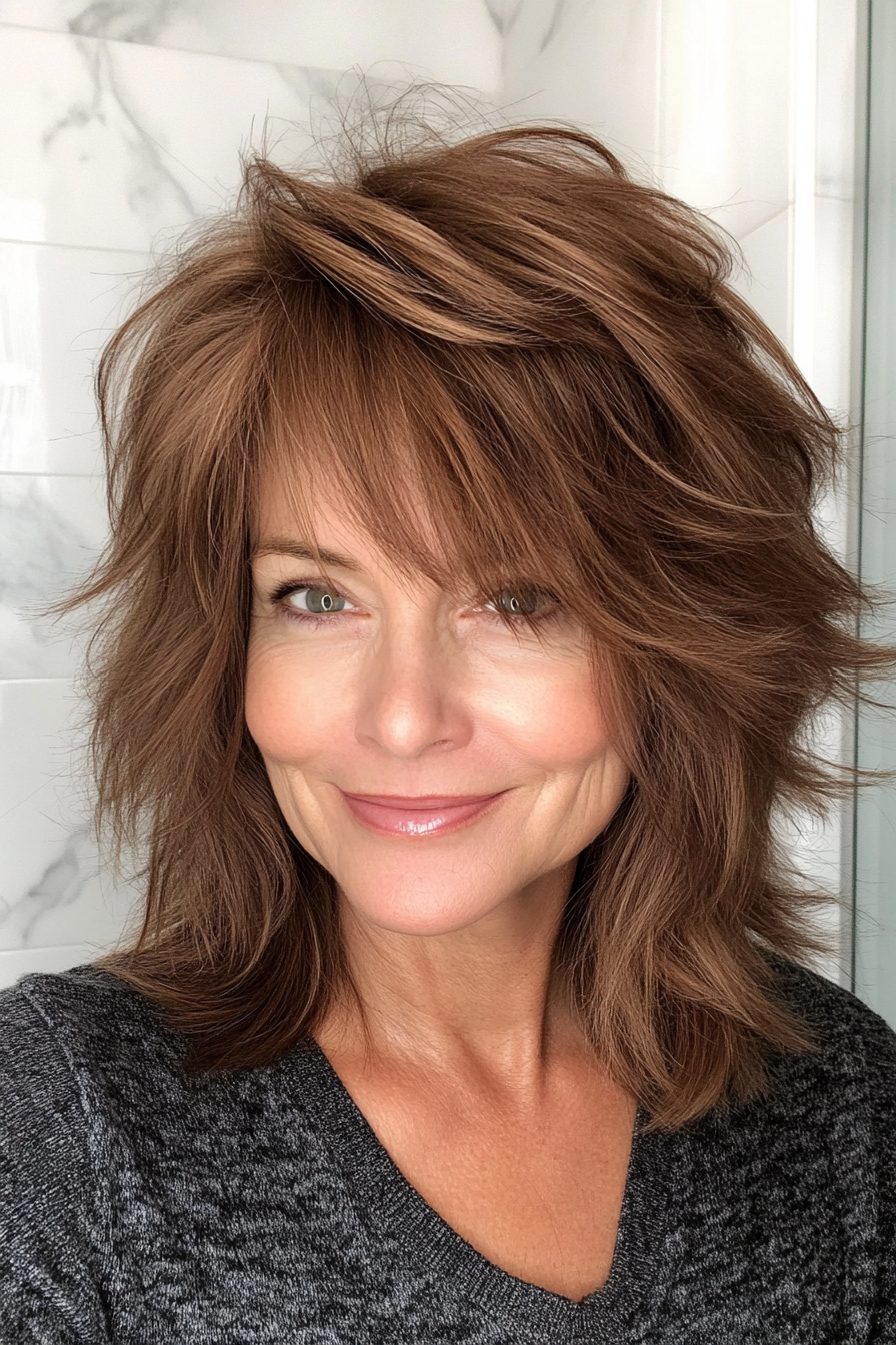 12. Medium Brown Shag with Crown Volume (Shag Hairstyles For Older Women) - Shag Hairstyles For Older Women