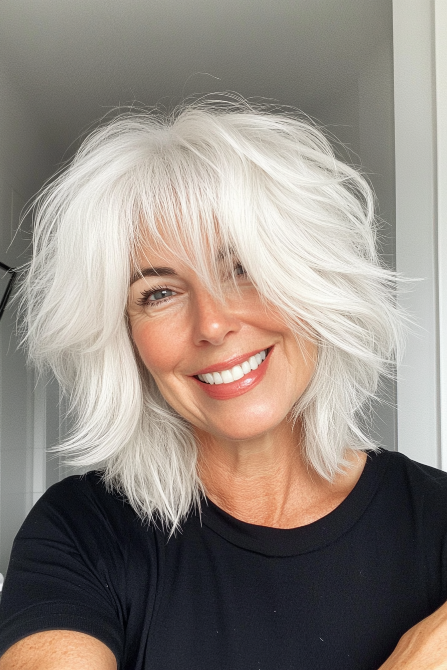 13. Pearl White Shag with Face-Framing Layers (Shag Hairstyles For Older Women) - Shag Hairstyles For Older Women