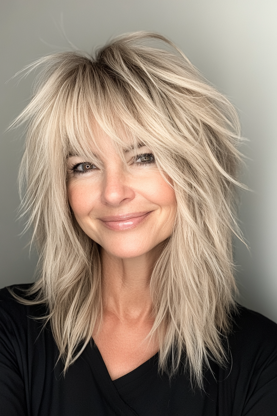 17. Beige Blonde Shag with Textured Bangs (Shag Hairstyles For Older Women) - Shag Hairstyles For Older Women