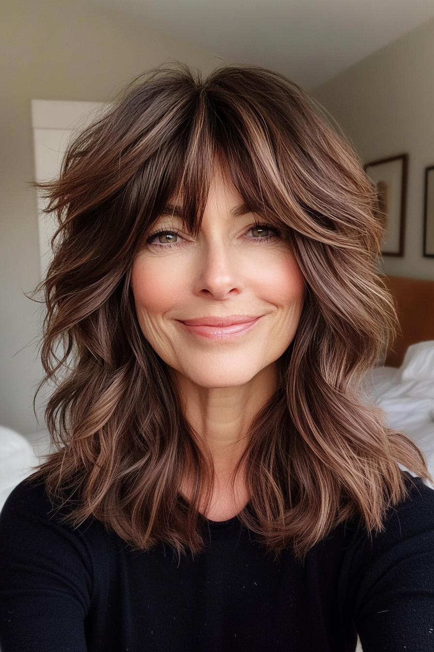 20. Warm Brunette Shag with Swoop Bangs (Shag Hairstyles For Older Women) - Shag Hairstyles For Older Women