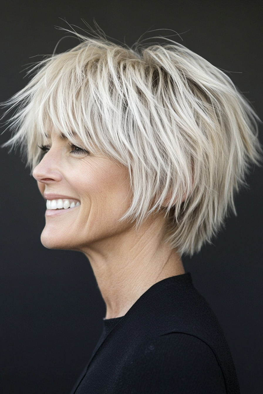 24. Platinum Blonde Shag with Short Bangs (Shag Hairstyles For Older Women) - Shag Hairstyles For Older Women