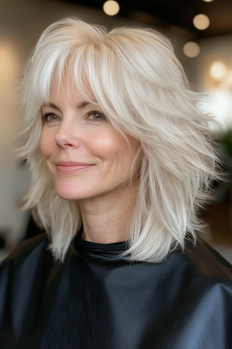 26. White Blonde Shag with Layered Texture (Shag Hairstyles For Older Women) - Shag Hairstyles For Older Women