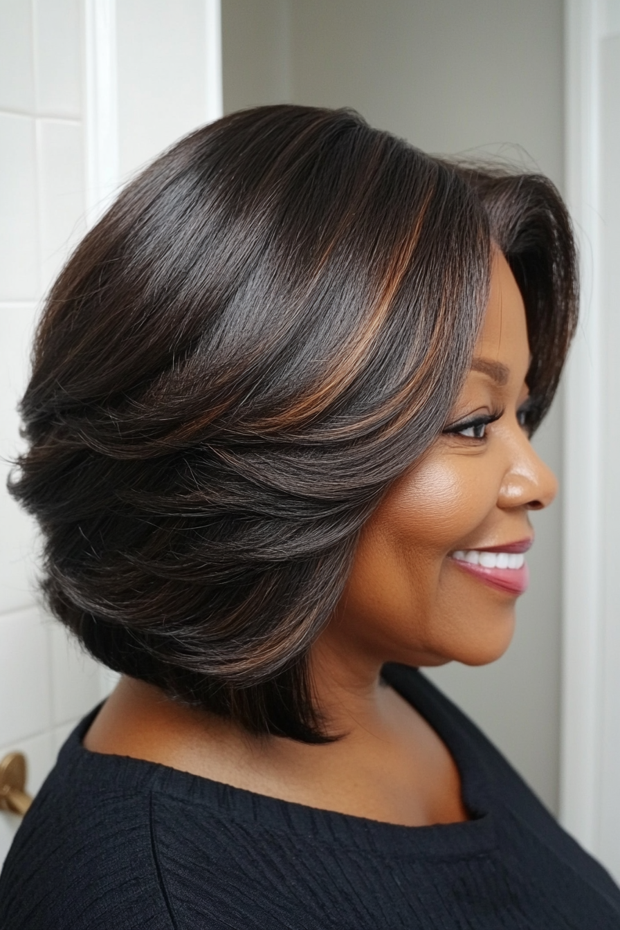 1. Soft Layered Bob in Dark Brown (Black Hairstyles For Women Over 60) - Black Hairstyles For Women Over 60
