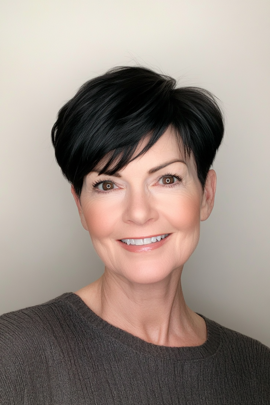4. Silky Pixie Cut in Jet Black (Black Hairstyles For Women Over 60) - Black Hairstyles For Women Over 60