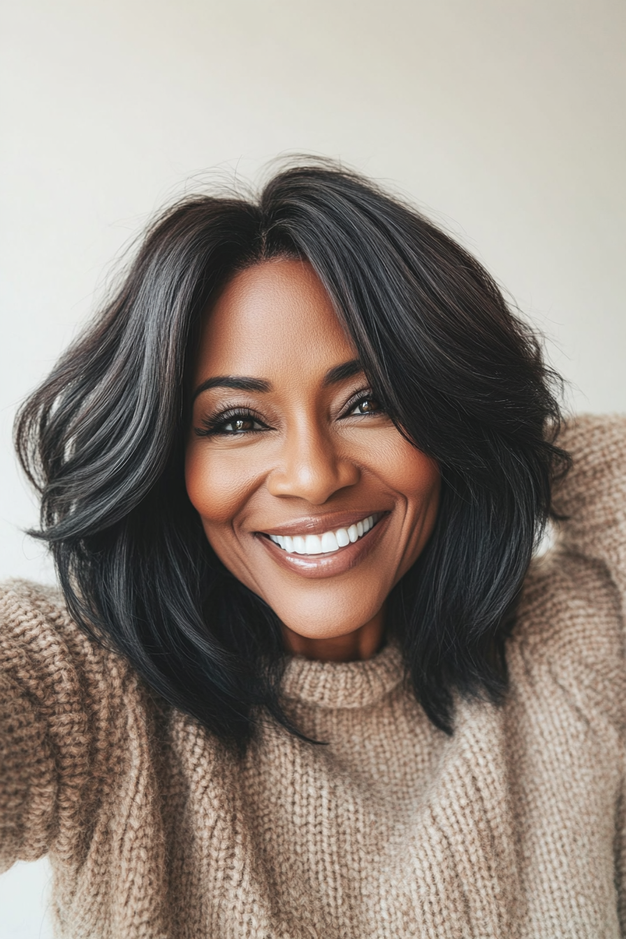 5. Shoulder-Length Layers in Soft Ebony (Black Hairstyles For Women Over 60) - Black Hairstyles For Women Over 60