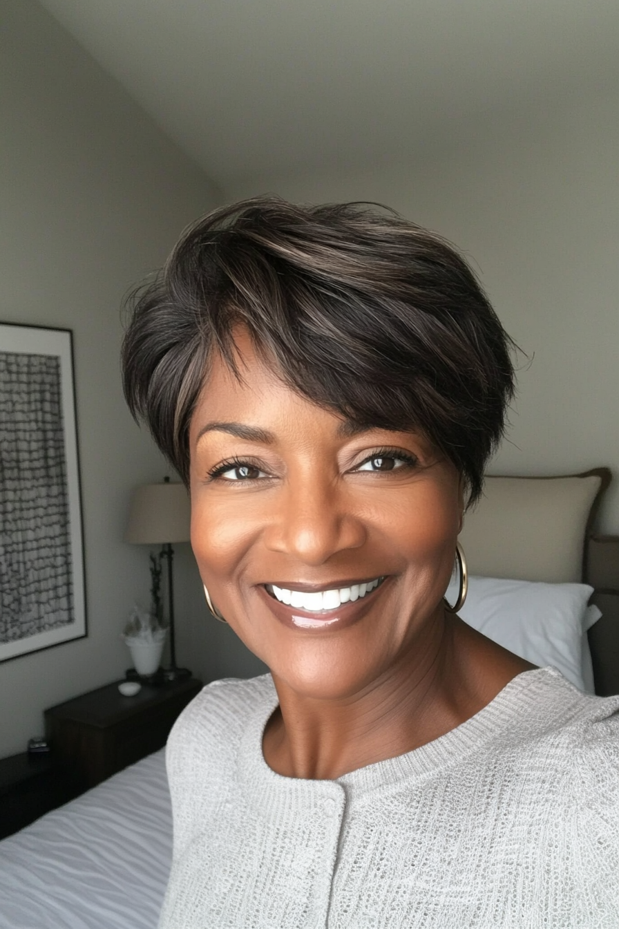 9. Short Layered Cut in Ash Brown (Black Hairstyles For Women Over 60) - Black Hairstyles For Women Over 60