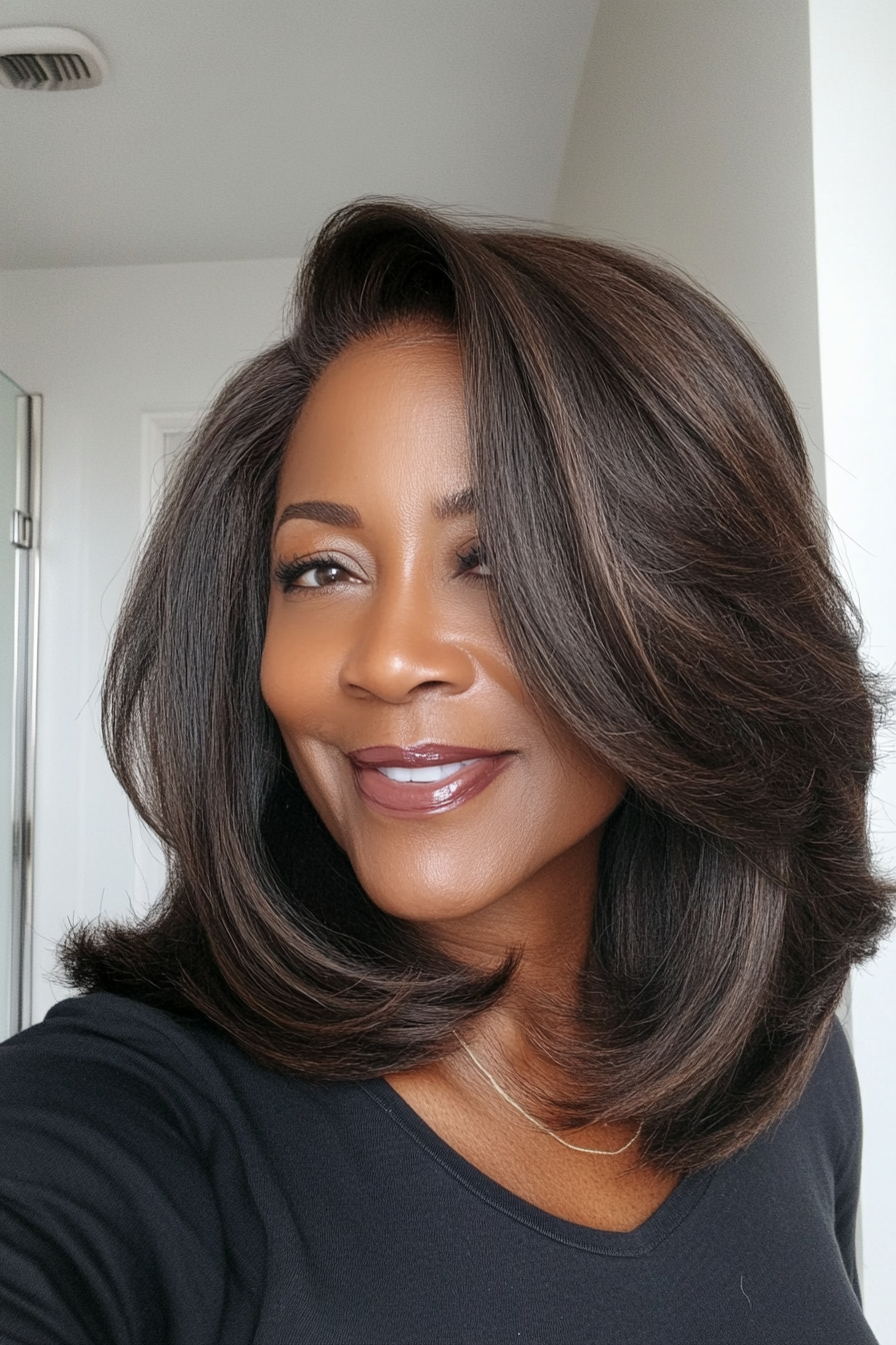 12. Layered Lob in Cocoa Brown (Black Hairstyles For Women Over 60) - Black Hairstyles For Women Over 60