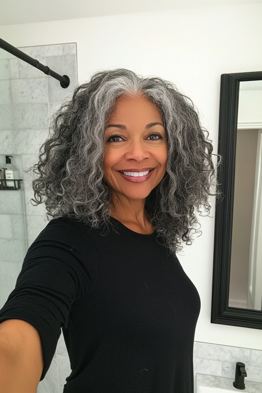 18. Wash-and-Go Curls in Natural Gray (Black Hairstyles For Women Over 60) - Black Hairstyles For Women Over 60