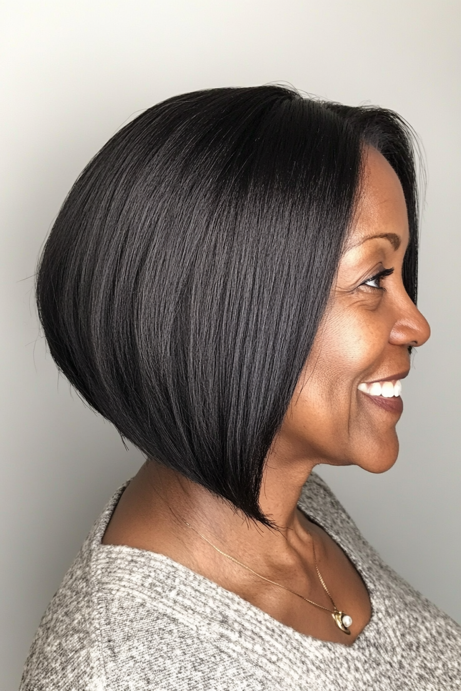 19. Angled Bob in Earthy Black (Black Hairstyles For Women Over 60) - Black Hairstyles For Women Over 60