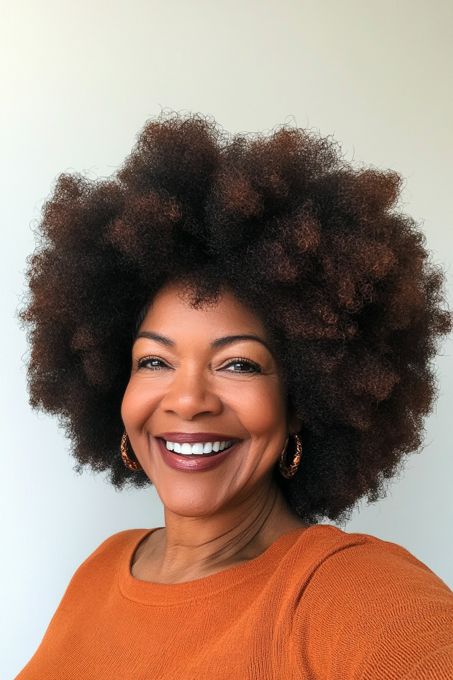 21. Full Coily Afro in Dark Copper (Black Hairstyles For Women Over 60) - Black Hairstyles For Women Over 60