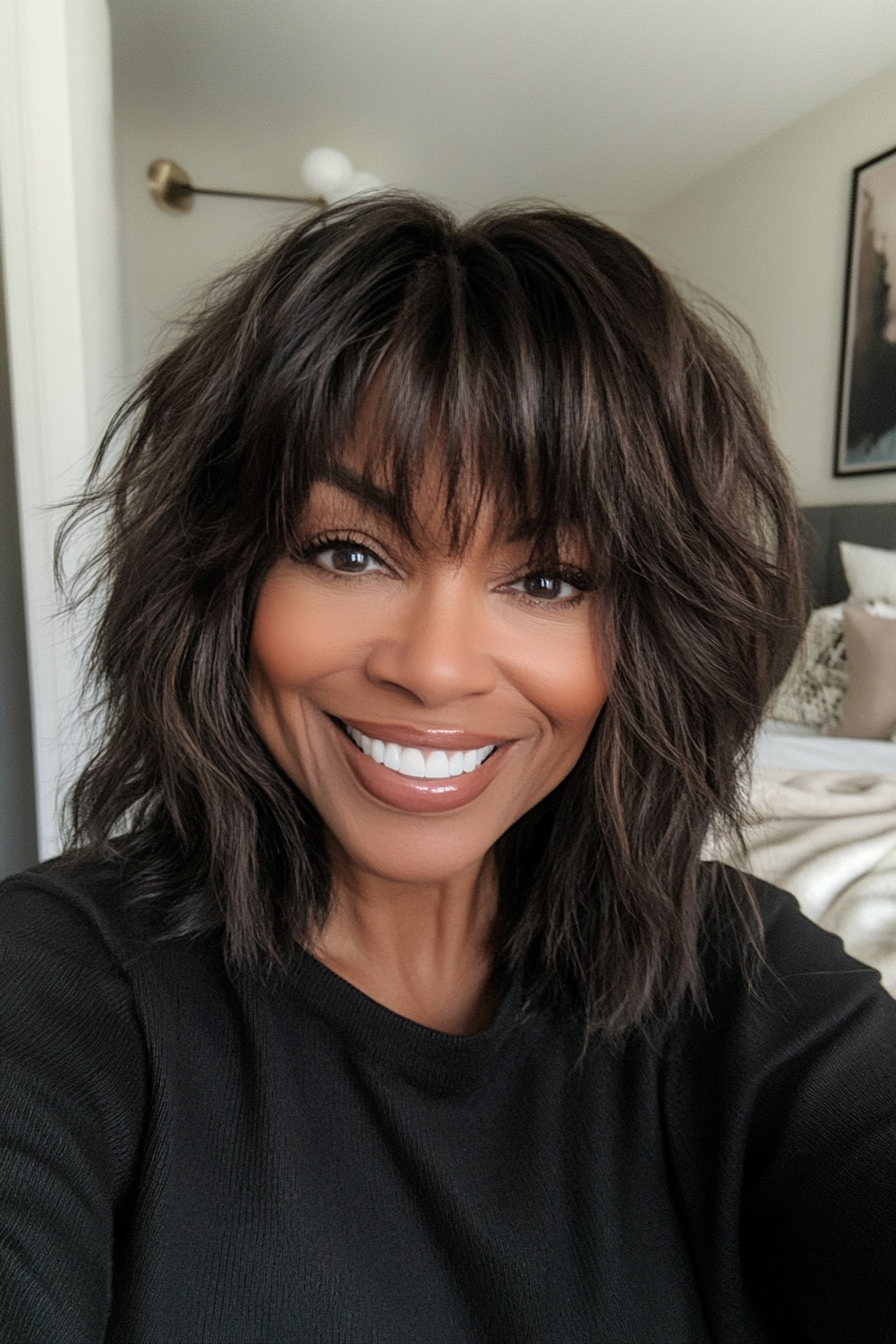 22. Layered Shag Cut in Coffee Brown (Black Hairstyles For Women Over 60) - Black Hairstyles For Women Over 60