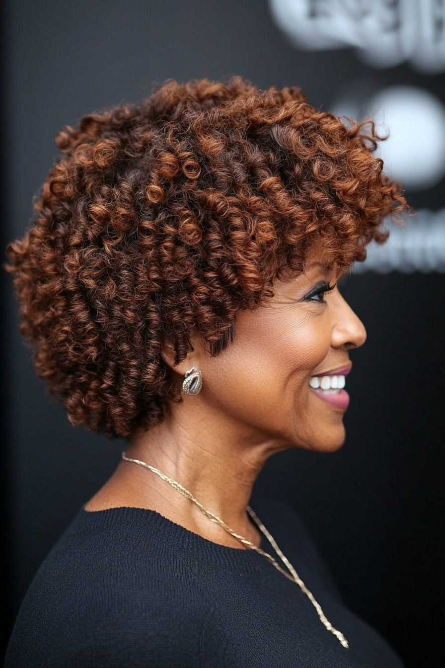 26. Layered Coily Bob in Mahogany Brown (Black Hairstyles For Women Over 60) - Black Hairstyles For Women Over 60