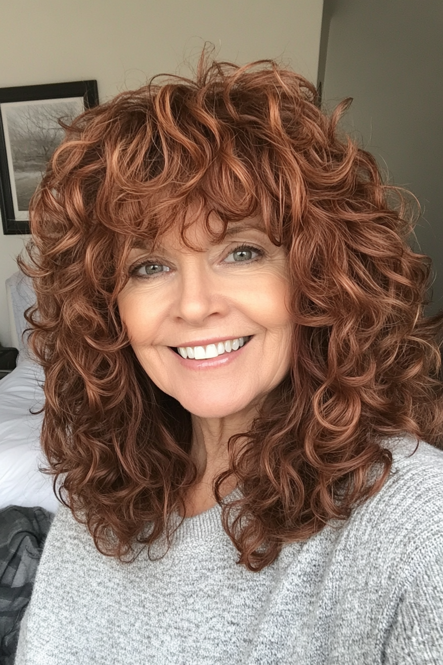 4. Curly Shag with Chestnut Brown (Curly Hairstyles For Older Women) - Curly Hairstyles For Older Women