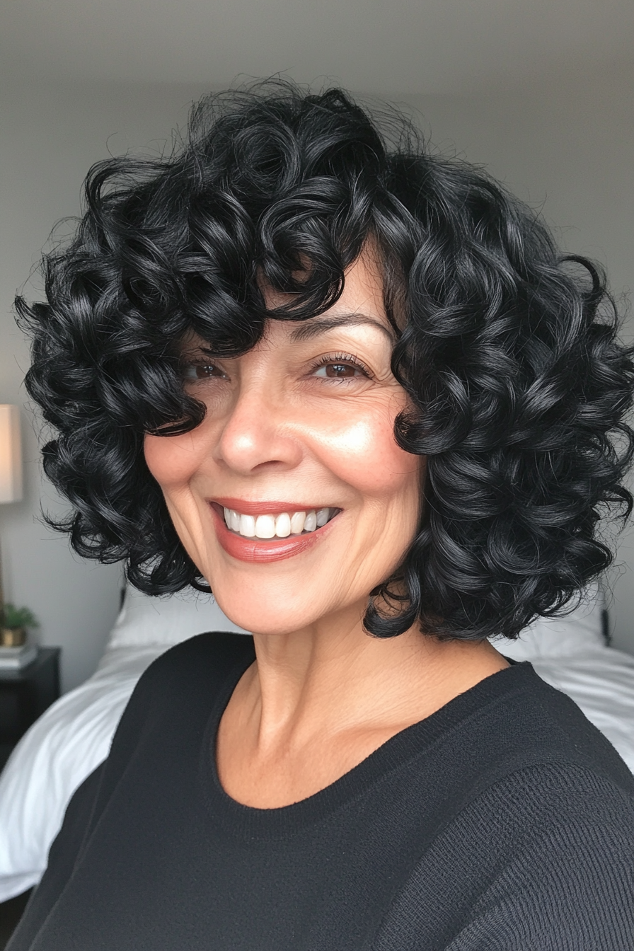 5. Chin-Length Curly Crop in Soft Black (Curly Hairstyles For Older Women) - Curly Hairstyles For Older Women