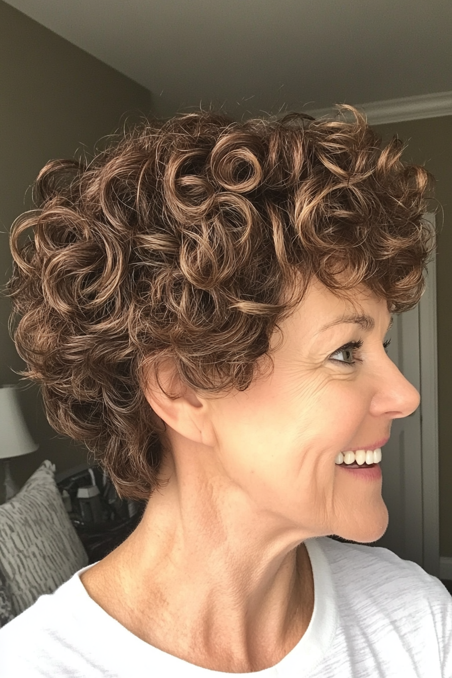 9. Curly Pixie with Deep Brown Hue (Curly Hairstyles For Older Women) - Curly Hairstyles For Older Women