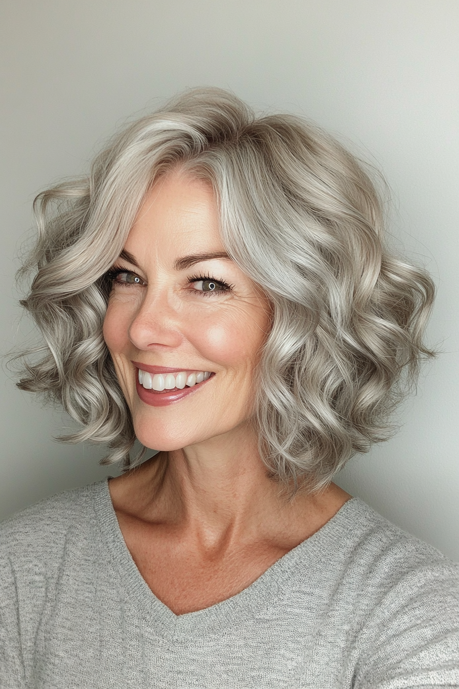 11. Side-Parted Curly Bob in Silver Blonde (Curly Hairstyles For Older Women) - Curly Hairstyles For Older Women
