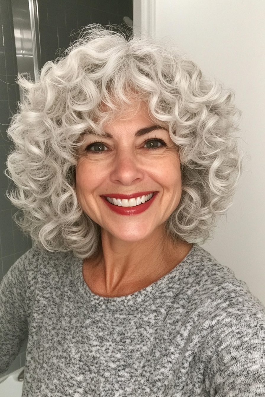 12. Curly Crop with Feathered Layers in White (Curly Hairstyles For Older Women) - Curly Hairstyles For Older Women