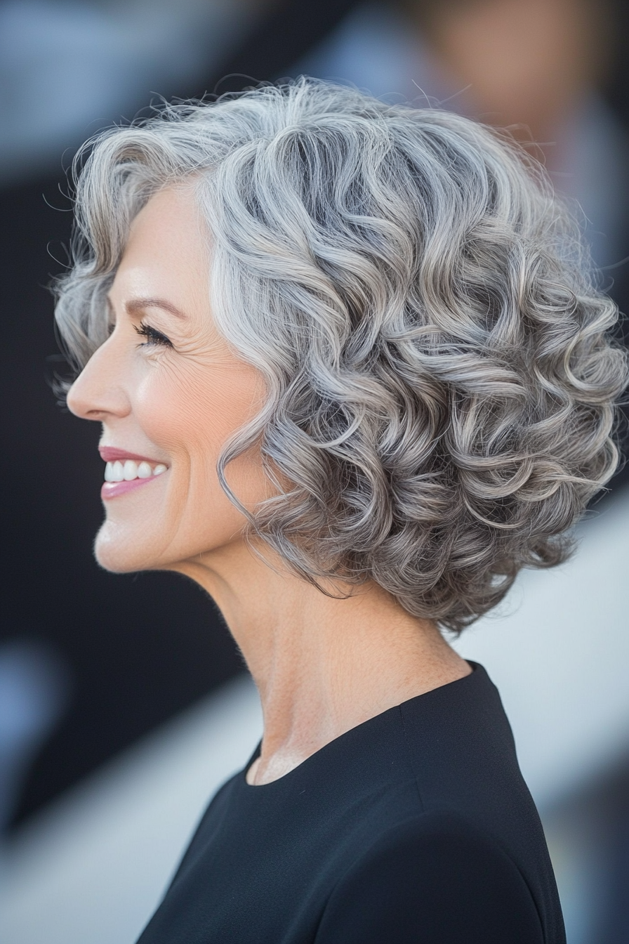 14. Chin-Length Corkscrew Bob in Soft Gray (Curly Hairstyles For Older Women) - Curly Hairstyles For Older Women