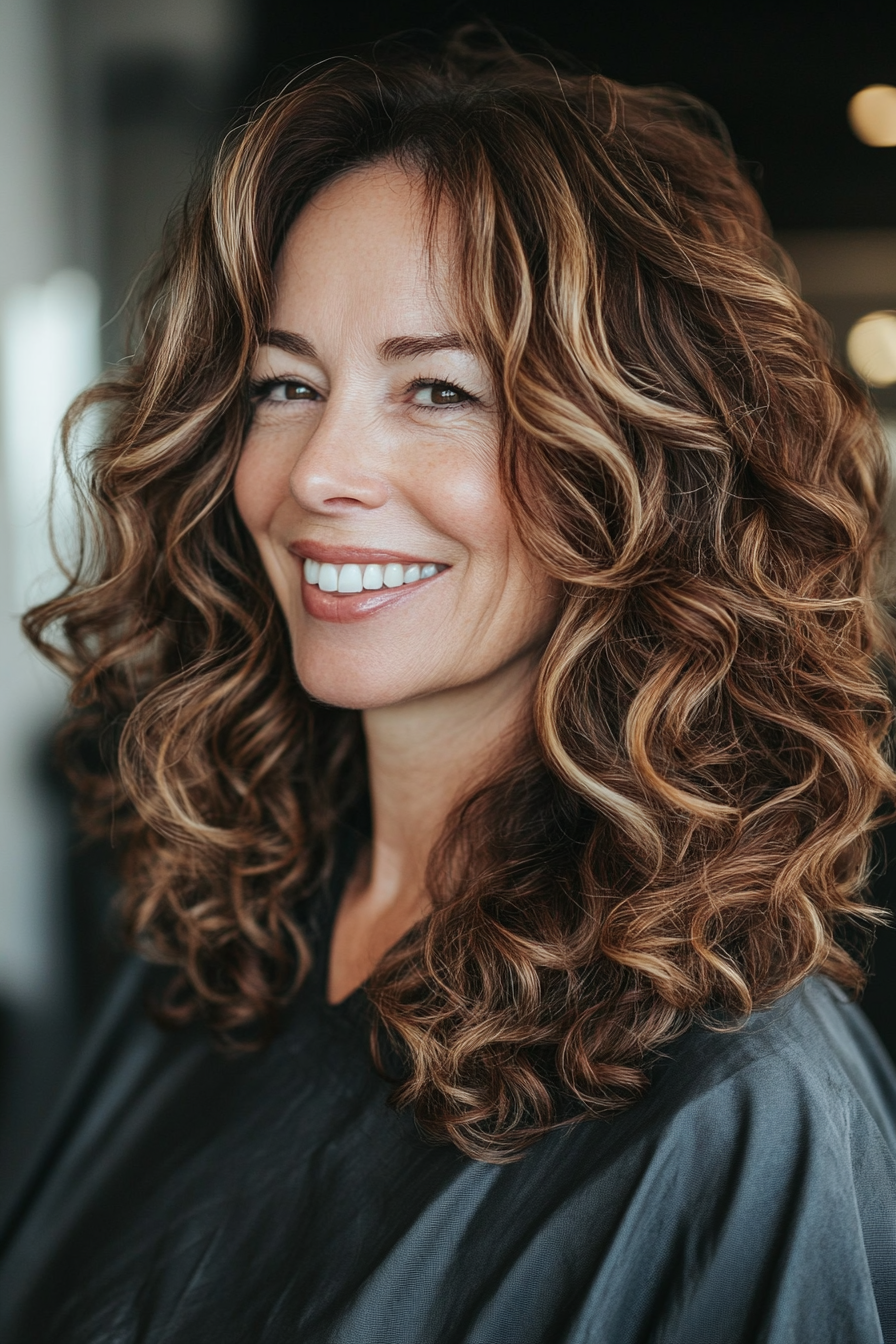 17. Long Loose Curls with Dark Caramel Shine (Curly Hairstyles For Older Women) - Curly Hairstyles For Older Women