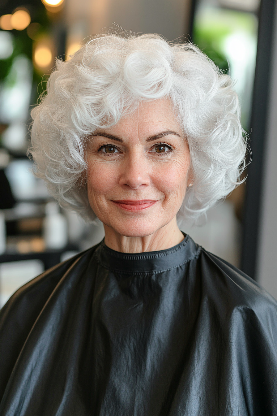 18. Curly Wedge Cut in Icy White (Curly Hairstyles For Older Women) - Curly Hairstyles For Older Women