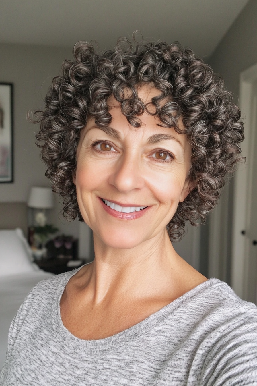 19. Short Spiral Cut with Ash Brown Tint (Curly Hairstyles For Older Women) - Curly Hairstyles For Older Women