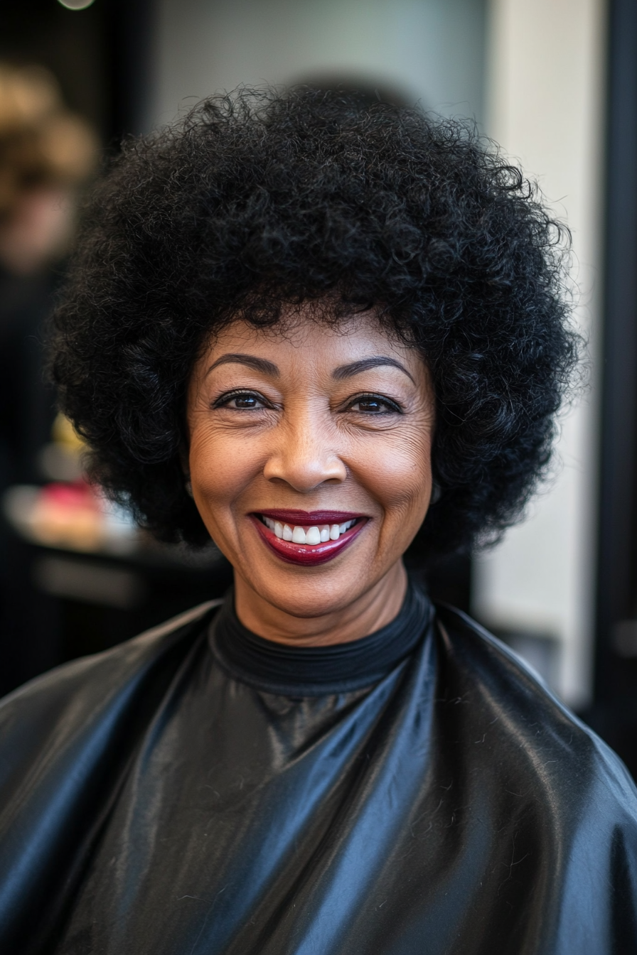 21. Classic Afro Cut in Jet Black (Curly Hairstyles For Older Women) - Curly Hairstyles For Older Women