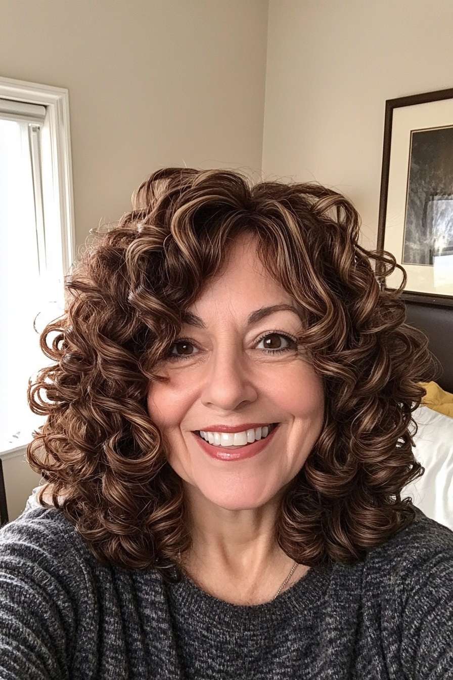 23. Layered Mid-Length Curls in Warm Brown (Curly Hairstyles For Older Women) - Curly Hairstyles For Older Women