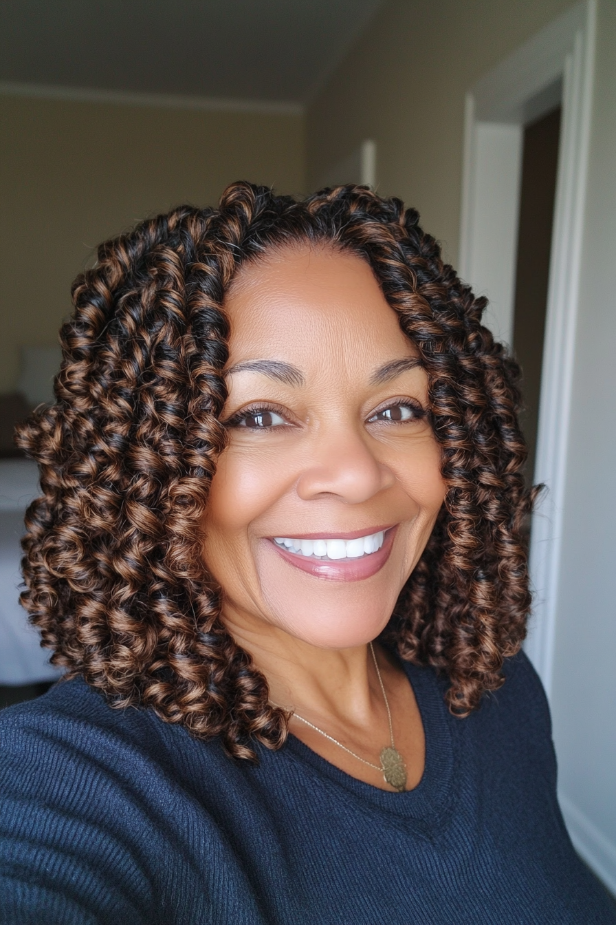24. Chin-Length Twist Curls in Earthy Brown (Curly Hairstyles For Older Women) - Curly Hairstyles For Older Women