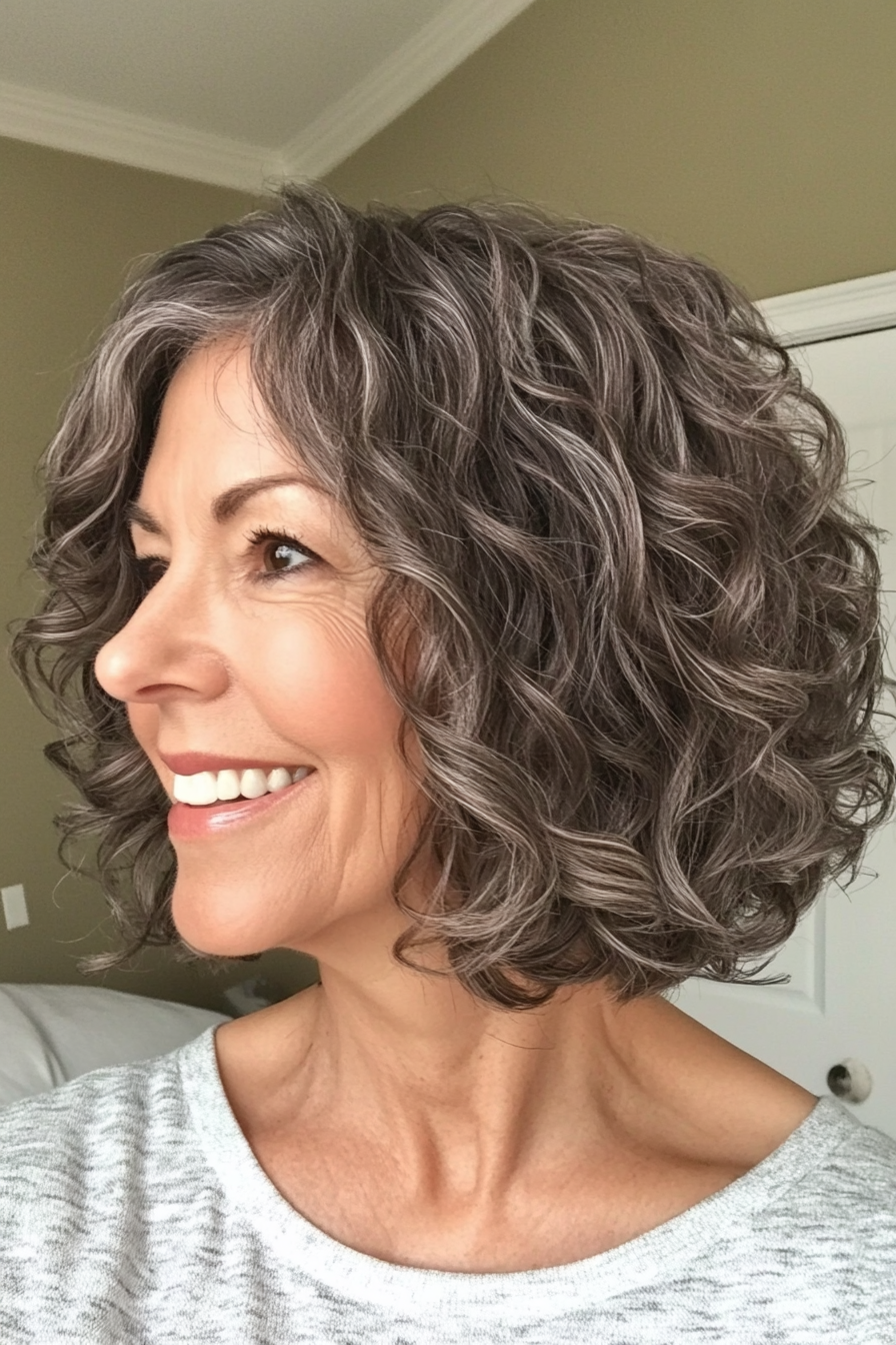 25. Angled Curly Bob in Steel Gray (Curly Hairstyles For Older Women) - Curly Hairstyles For Older Women