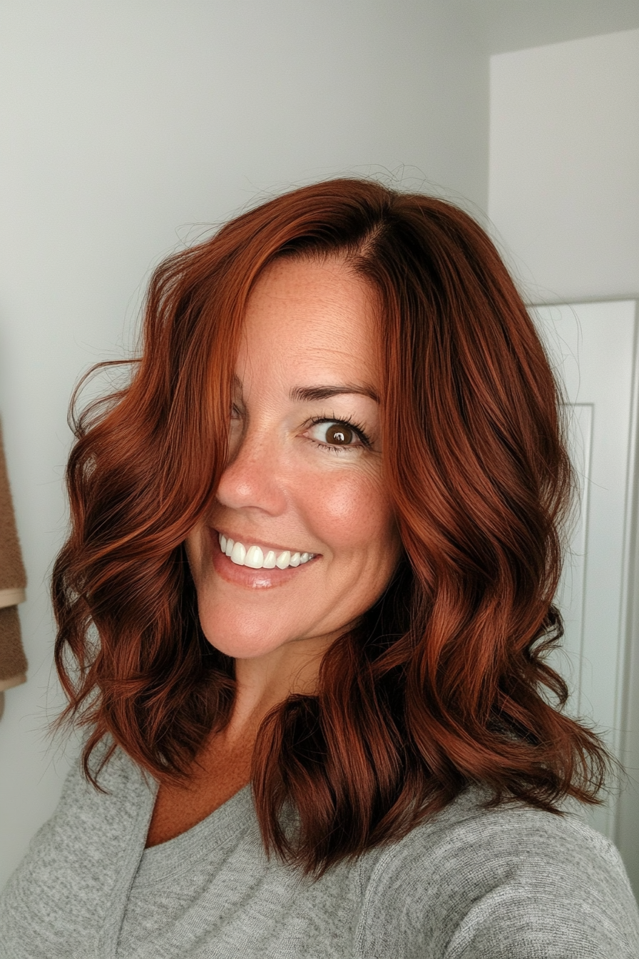 5. Wavy Mid-Length Cut in Dark Auburn (Haircuts Women Over 40) - Haircuts Women Over 40