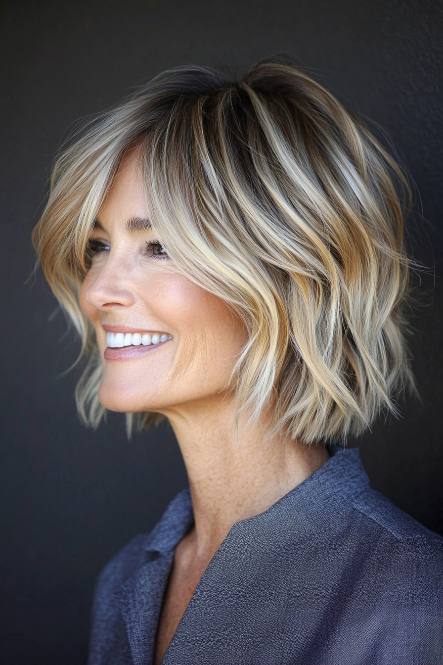6. Choppy Bob with Sandy Blonde Highlights (Haircuts Women Over 40) - Haircuts Women Over 40
