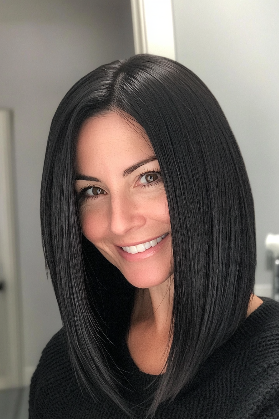 19. Long Bob with Natural Black Shine (Haircuts Women Over 40) - Haircuts Women Over 40