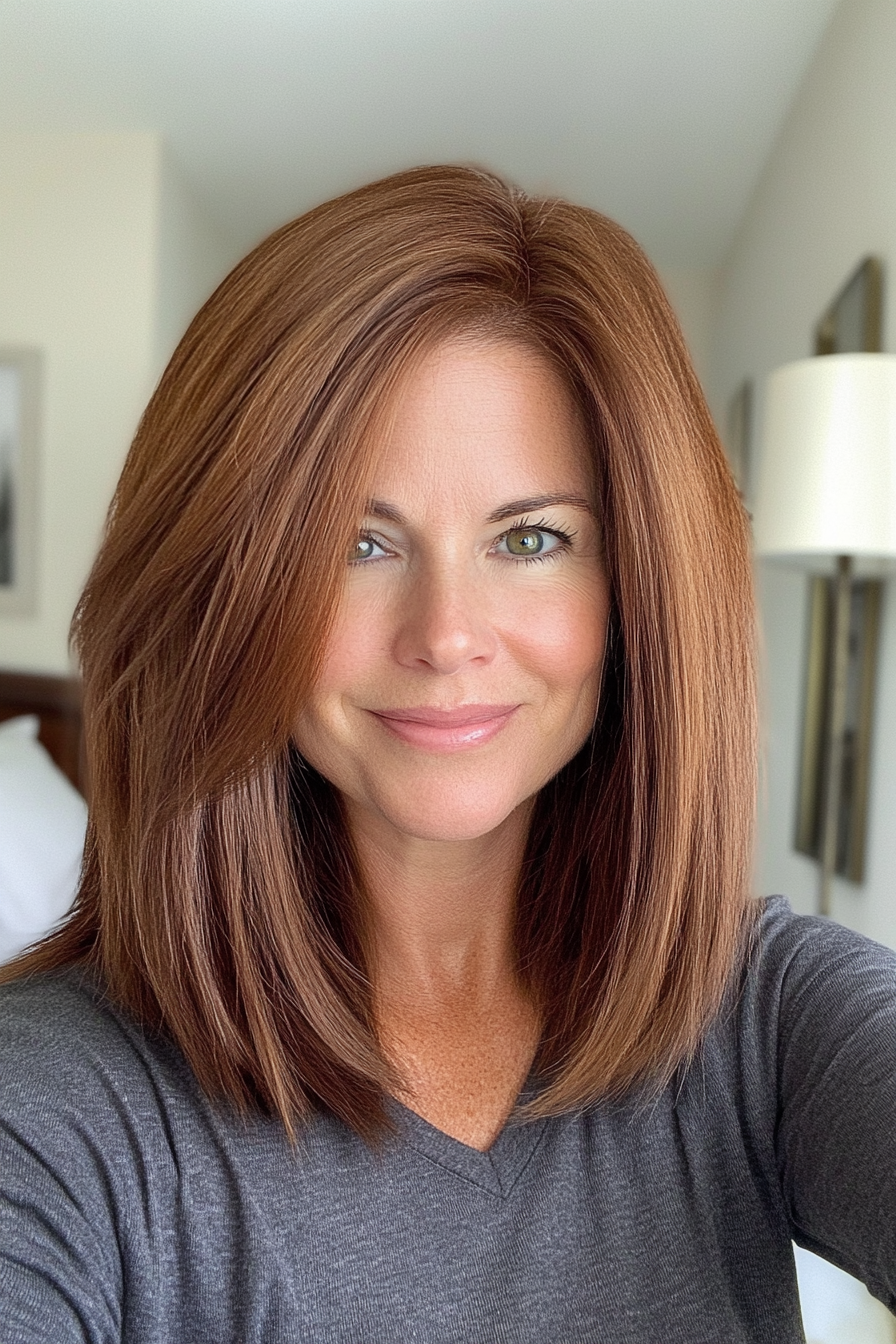 22. Medium Cut with Cinnamon Brown Tones (Haircuts Women Over 40) - Haircuts Women Over 40