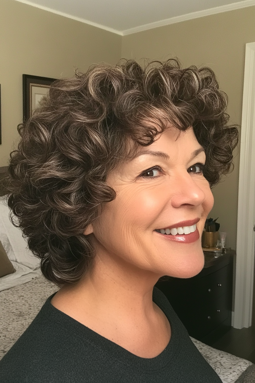 2. Tapered Curls with Ash Brown Tones (Hairstyles For Women Over 50 With Curly Hair) - Hairstyles For Women Over 50 With Curly Hair
