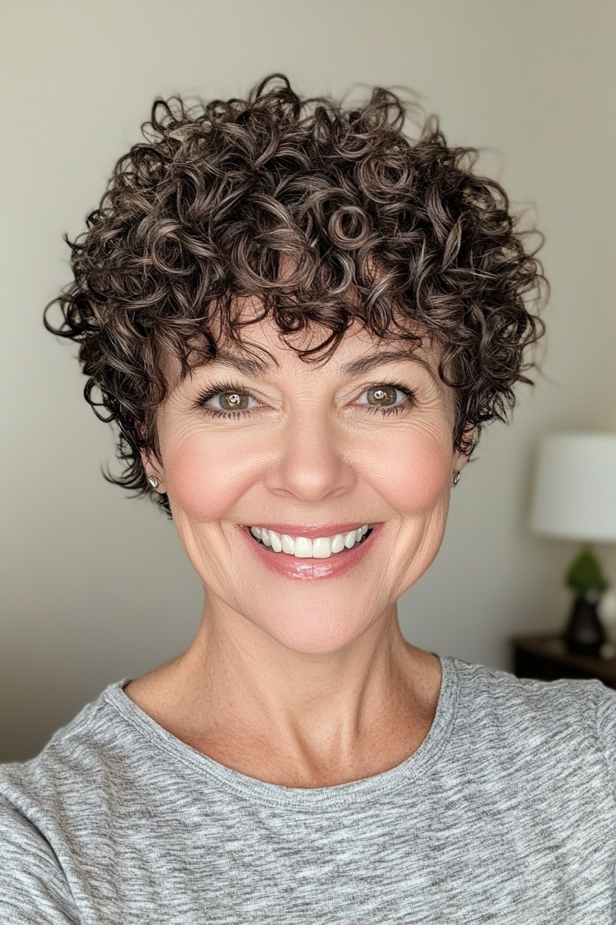4. Curly Pixie with Dark Espresso Base (Hairstyles For Women Over 50 With Curly Hair) - Hairstyles For Women Over 50 With Curly Hair