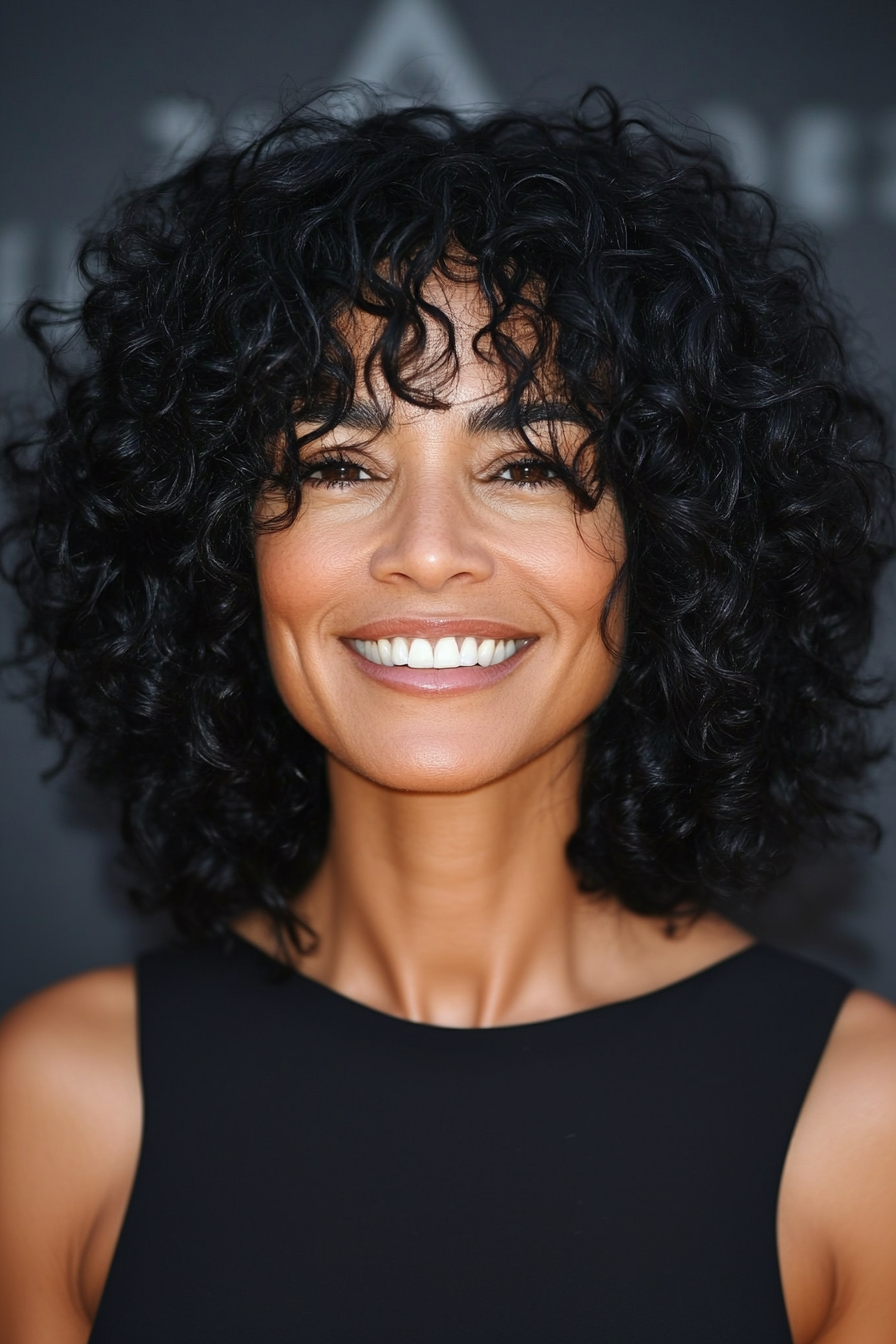 5. Chin-Length Curly Bob in Natural Black (Hairstyles For Women Over 50 With Curly Hair) - Hairstyles For Women Over 50 With Curly Hair