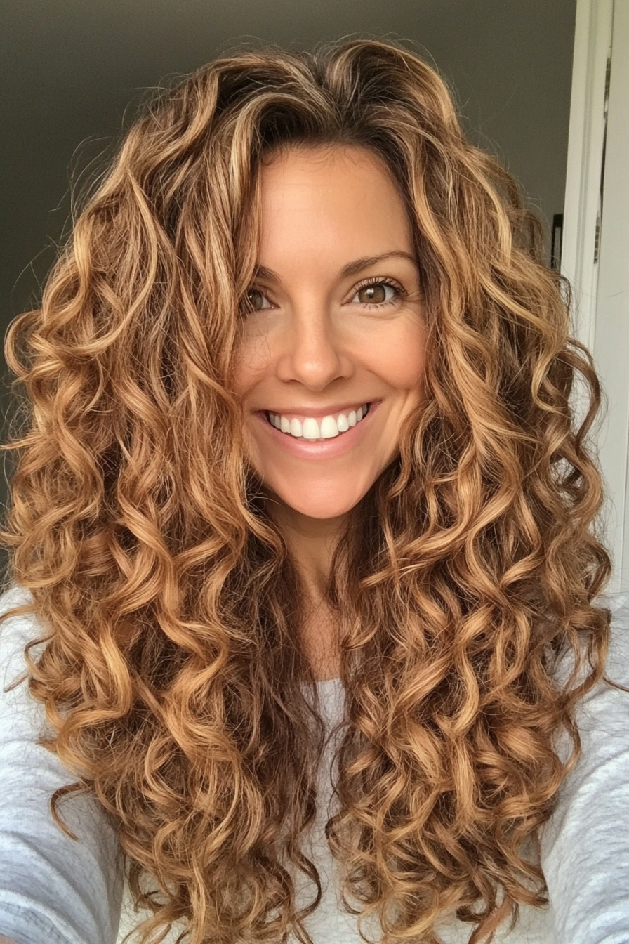 6. Long Curly Layers in Golden Brown (Hairstyles For Women Over 50 With Curly Hair) - Hairstyles For Women Over 50 With Curly Hair